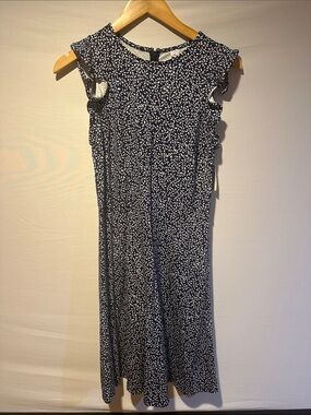 Old Navy Navy and White Floral Dress with Ruffle Shoulders